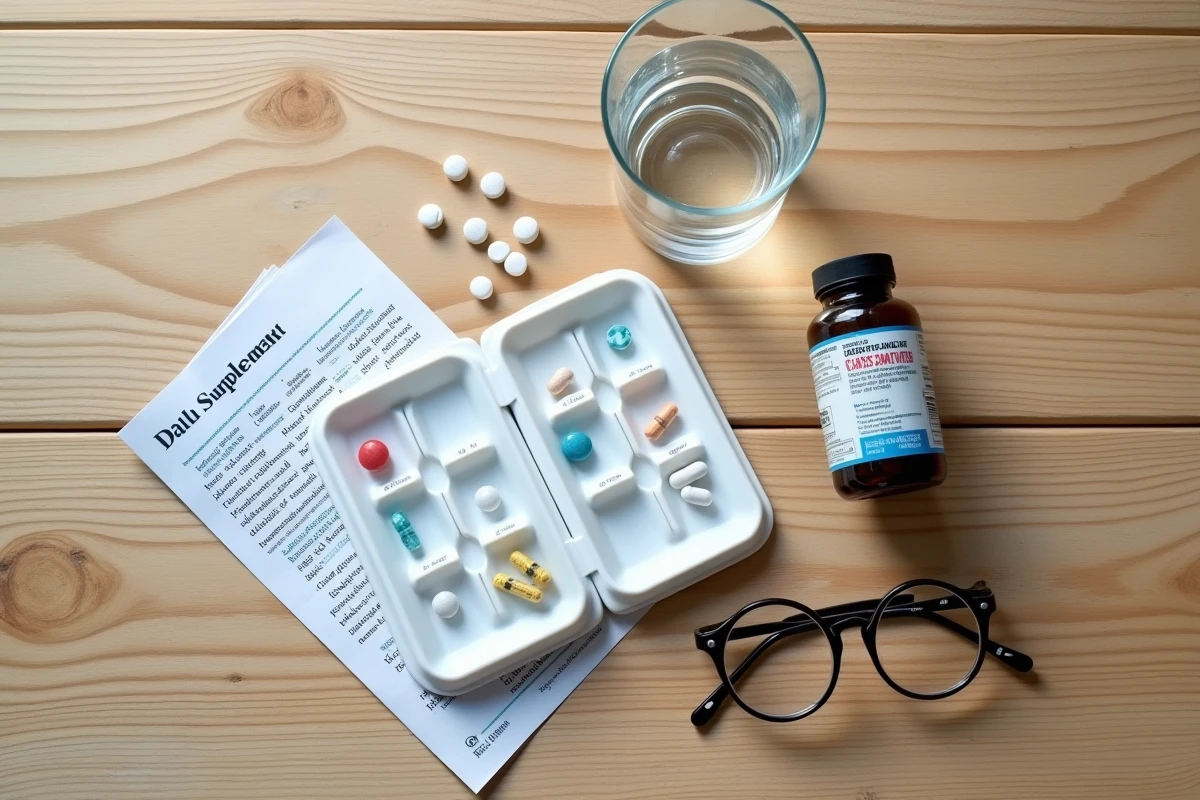 Pilulier hebdomadaire, flacon de booster nutritionnel et notice médicale pour personnes âgées