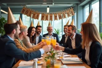Collègues réunis pour un pot de départ à la retraite avec une banderole festive et des coupes de champagne dans un bureau moderne