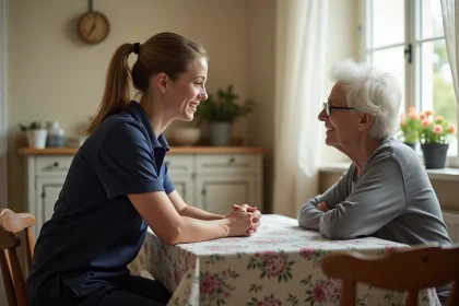 Conseillère Gestea Senior en visite à domicile à Lille discutant avec une personne âgée autour de la table de cuisine