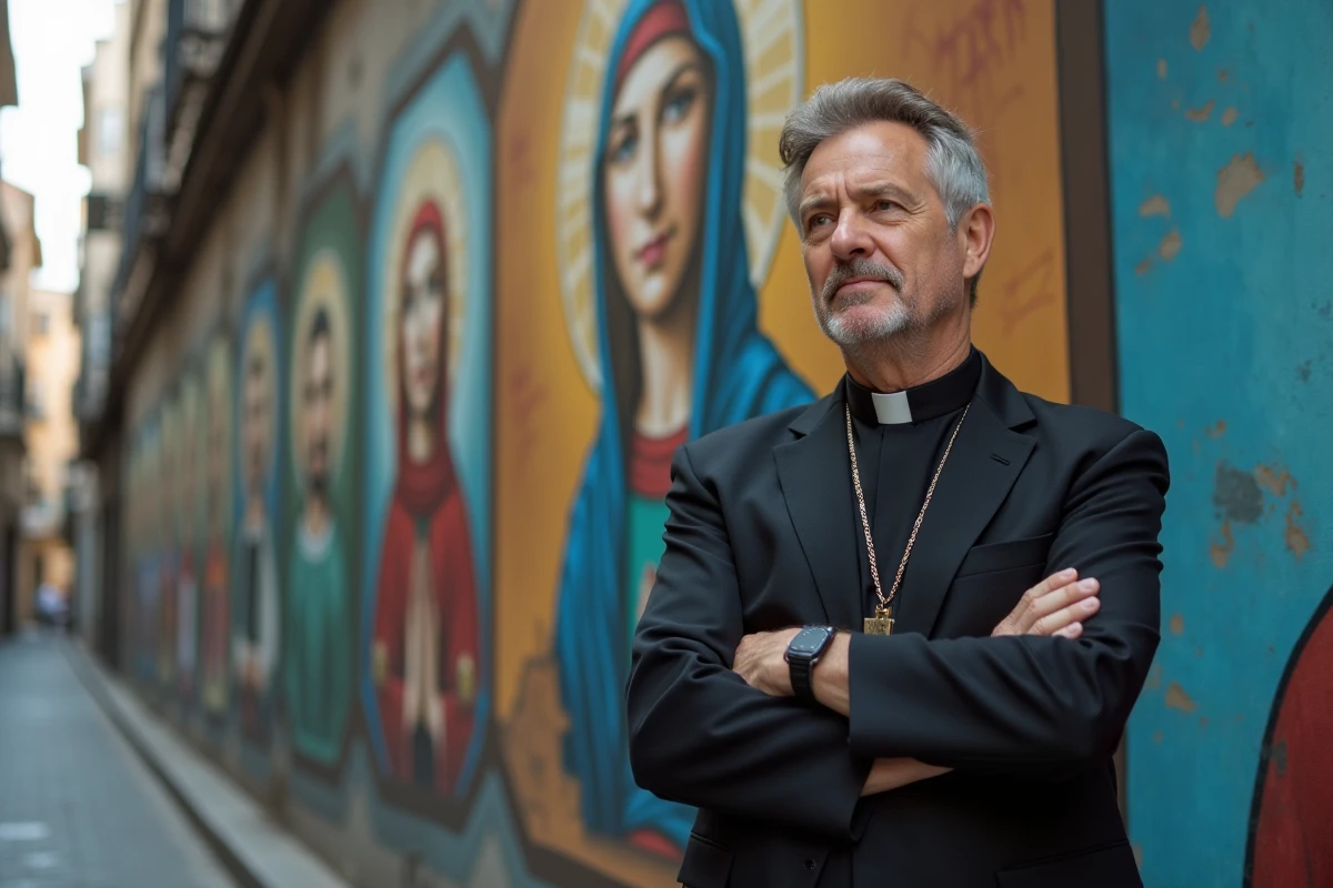 Pretre en ville devant une fresque religieuse moderne