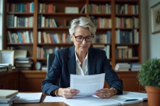 Professeure agrégée en fin de carrière consultant ses documents de retraite dans un bureau universitaire