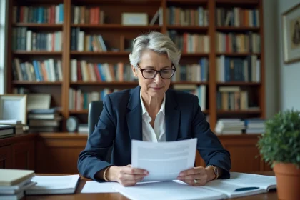 Professeure agrégée en fin de carrière consultant ses documents de retraite dans un bureau universitaire