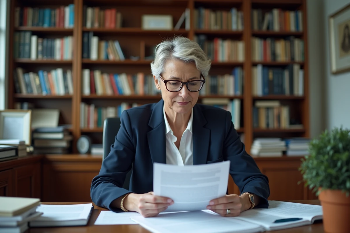 Professeure agrégée en fin de carrière consultant ses documents de retraite dans un bureau universitaire
