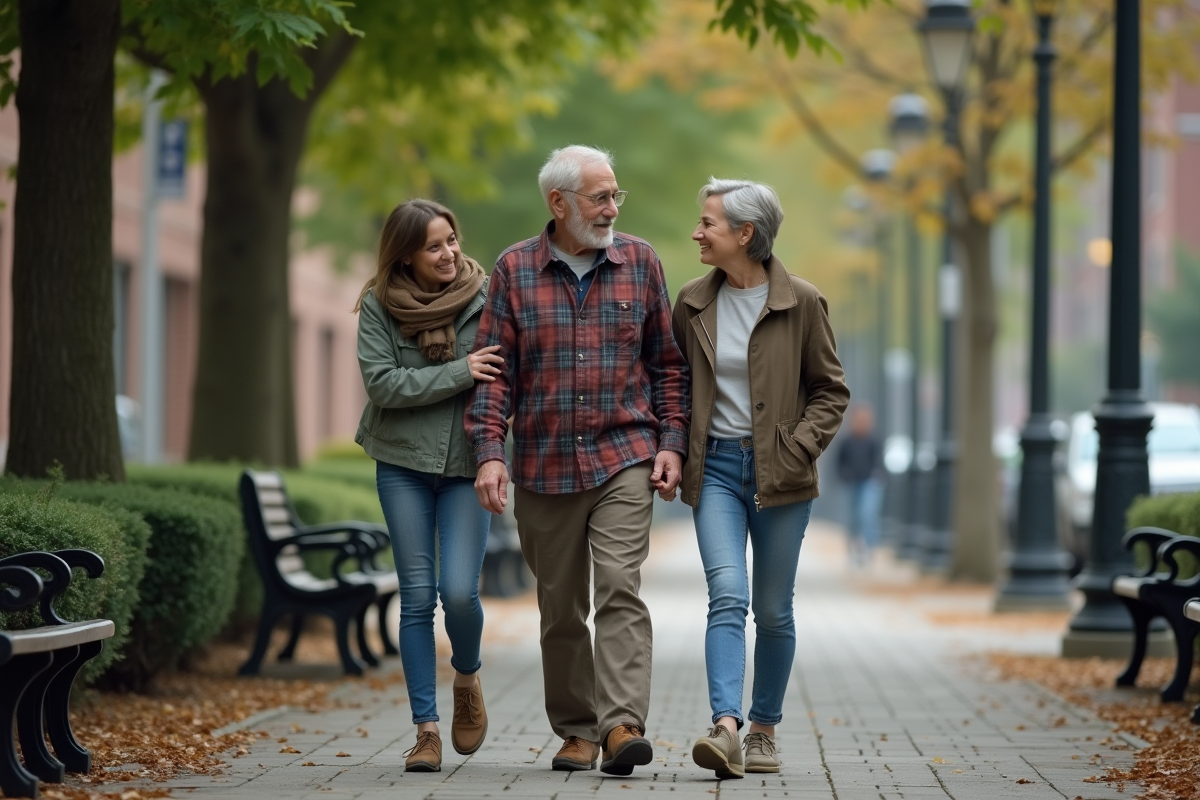 Une femme âgée marche avec une jeune femme dans un quartier urbain