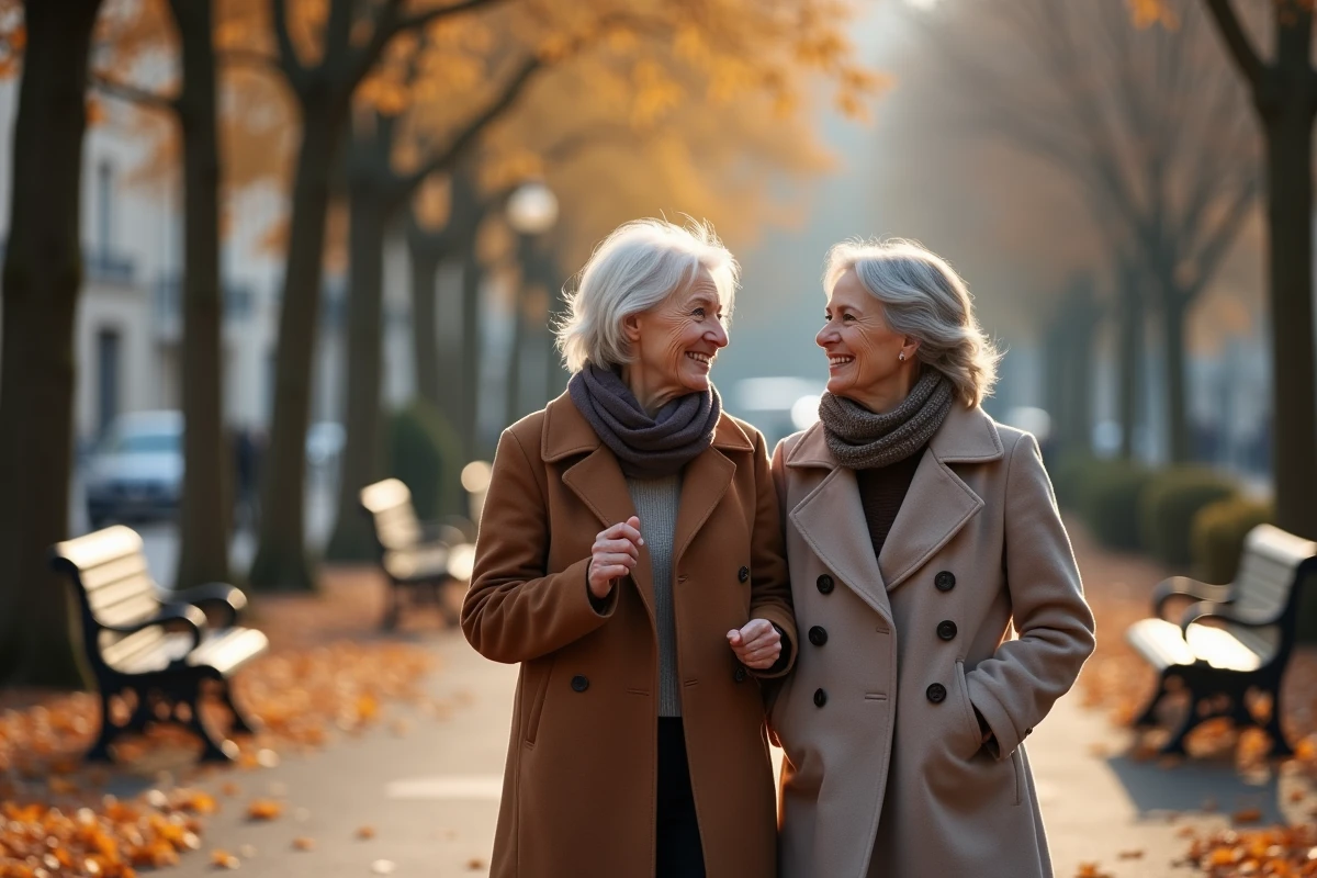 Deux femmes seniors se promenant amicalement dans un parc parisien en automne lors d'une activité gratuite de rencontre