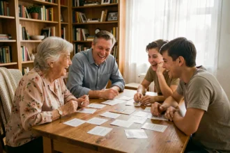 Famille intergénérationnelle jouant à un quiz de culture générale autour d'une table en bois, grand-mère, père et adolescents avec des cartes de questions
