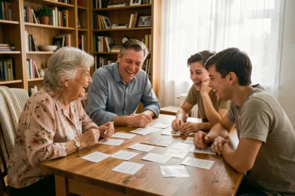 Famille intergénérationnelle jouant à un quiz de culture générale autour d'une table en bois, grand-mère, père et adolescents avec des cartes de questions