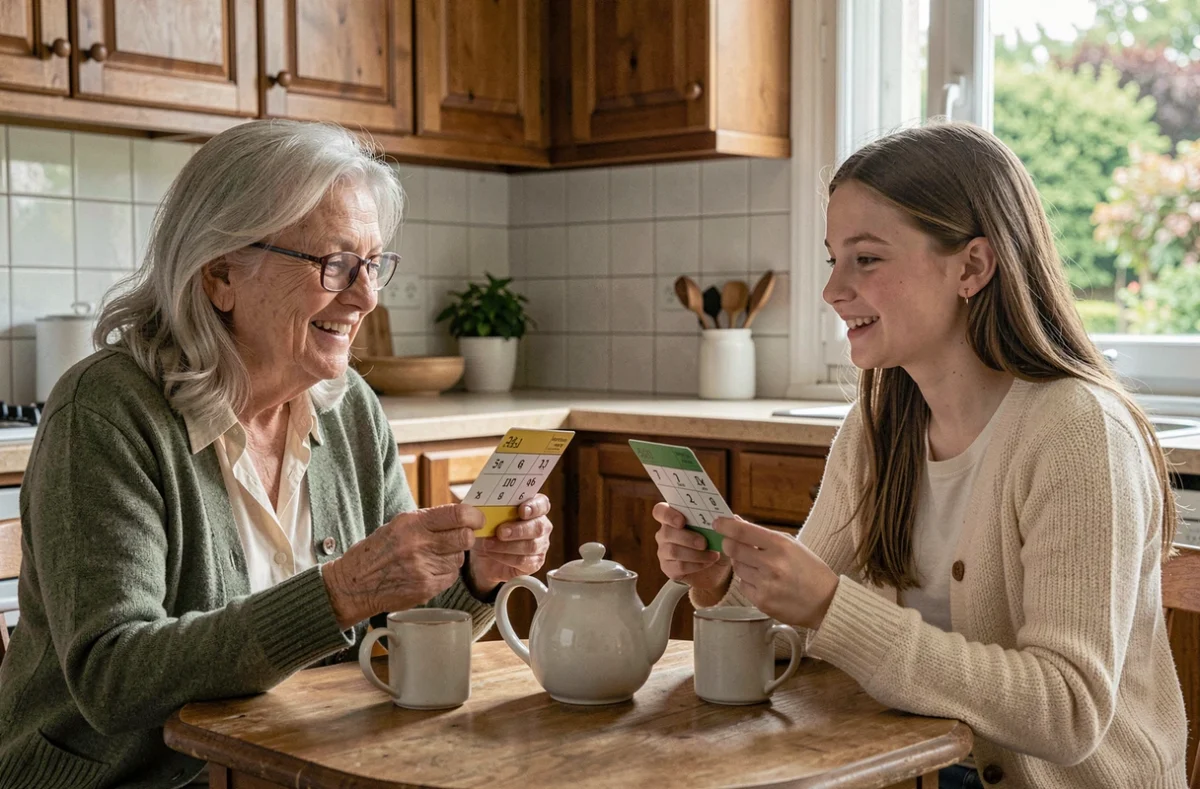 Grand-mère et petite-fille jouant ensemble à un quiz de culture générale dans une cuisine, partageant un moment intergénérationnel chaleureux avec des cartes de questions