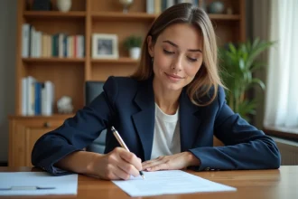 Jeune femme rédigeant une lettre de motivation pour un poste en maison de retraite à son bureau