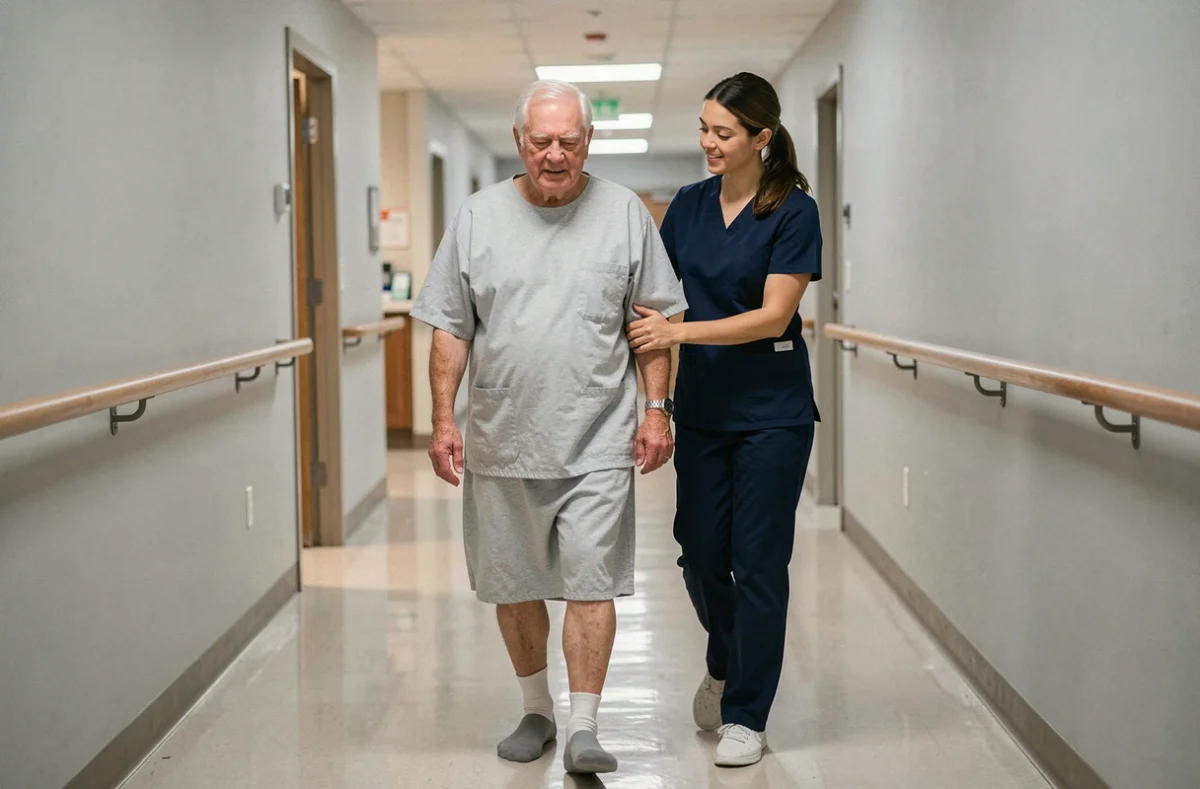 Patient âgé en rééducation accompagné d'une kinésithérapeute dans un couloir de gériatrie
