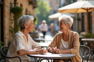 Deux femmes d'environ 65 à 70 ans en conversation sincère et détendue à la terrasse d'un café, illustrant le thème des rencontres et relations authentiques après 65 ans