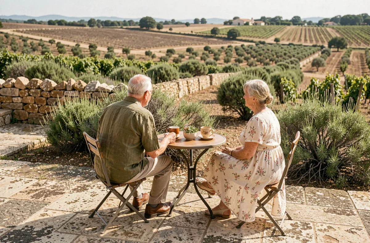 Couple de résidents en terrasse à la Résidence Autonomie Le Castellas à Montredon-des-Corbières avec vue sur les Corbières