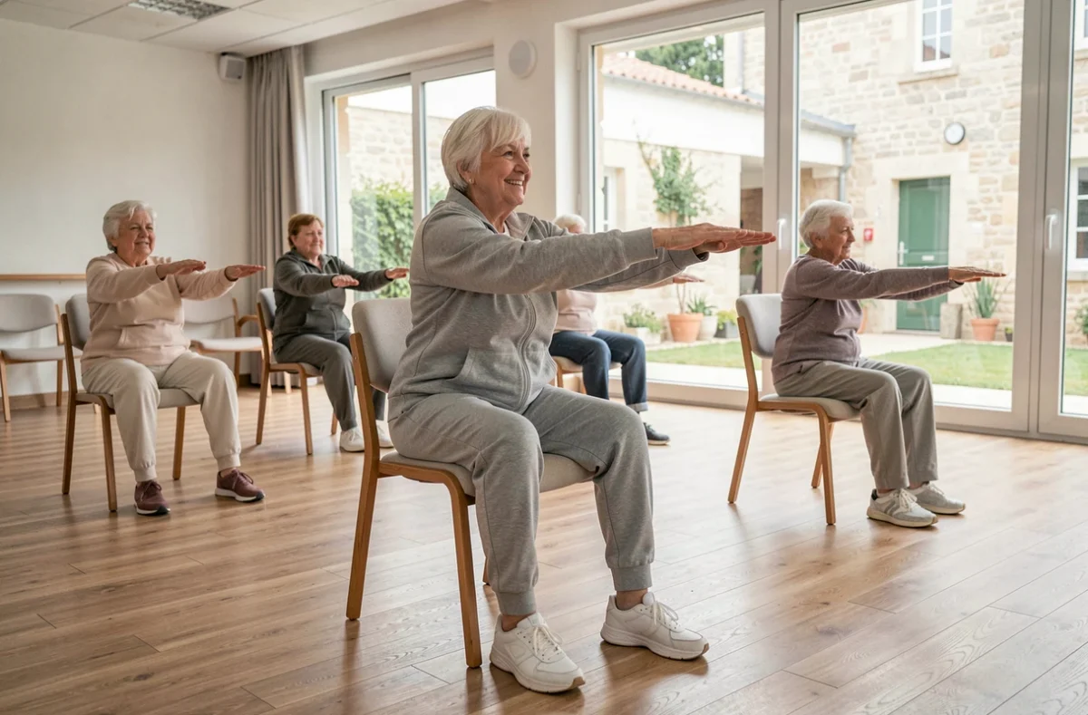 Résidente participante à un cours de gymnastique douce à la Résidence Autonomie Pierre Esteve à Castelnaudary