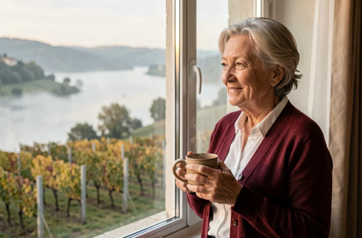 Résidente admirant la vue sur la vallée de l'Aude depuis la Résidence Autonomie Soleil Levant à Limoux
