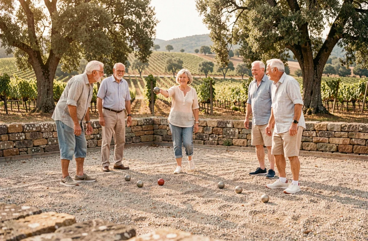 Résidents jouant à la pétanque à la Résidence Les Senioriales de Villegly dans le paysage du Minervois