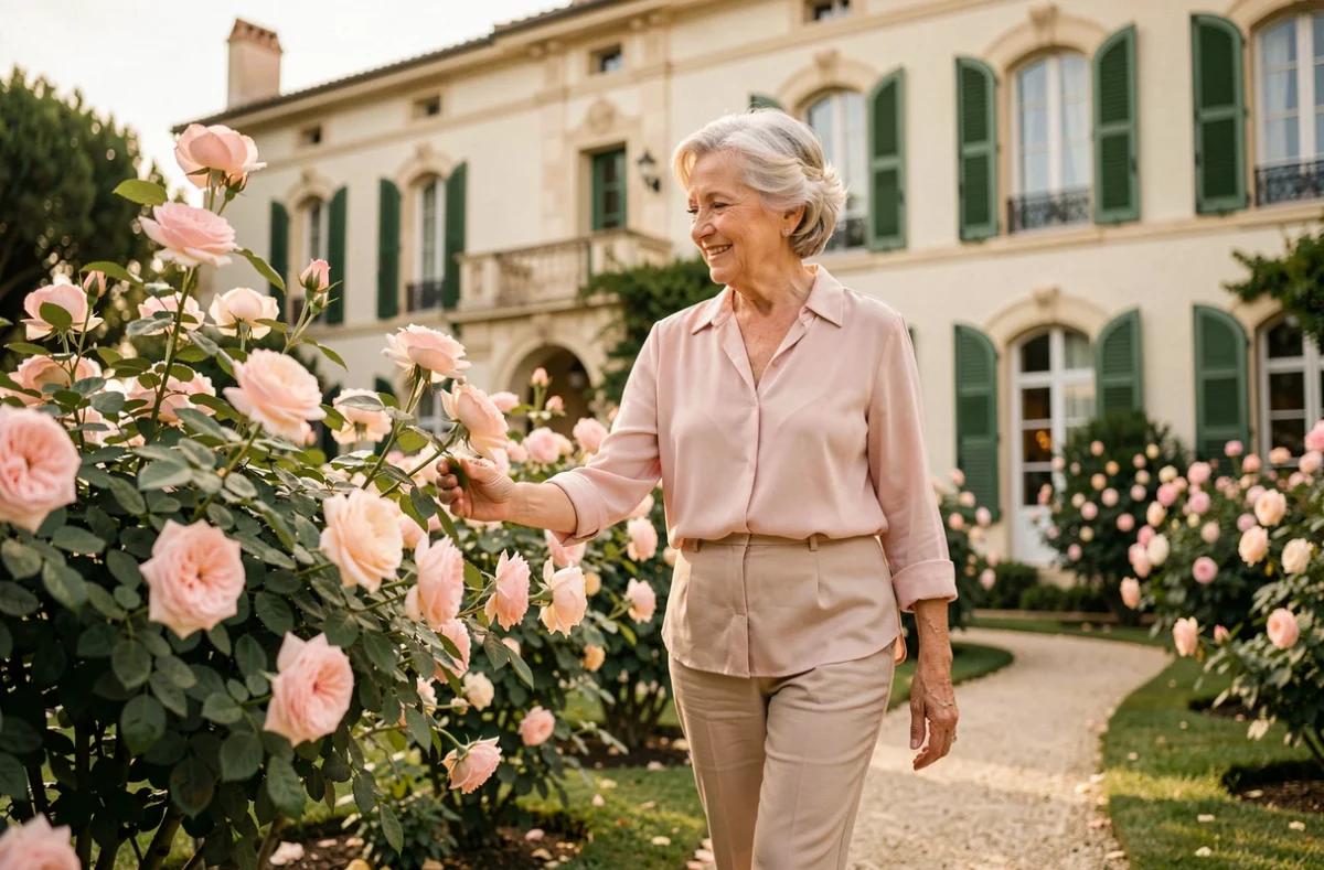 Résidente se promenant dans le jardin fleuri de la Résidence Villa Constance à Narbonne