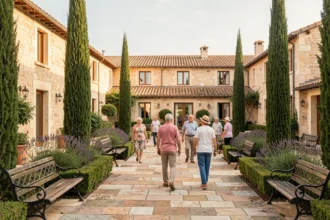 Cour extérieure paisible d'une résidence senior dans l'Aude avec des résidents se promenant dans un jardin méditerranéen