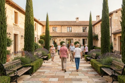 Cour extérieure paisible d'une résidence senior dans l'Aude avec des résidents se promenant dans un jardin méditerranéen