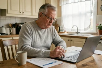 Homme retraité lisant des documents de pension à sa table de cuisine avec une expression préoccupée