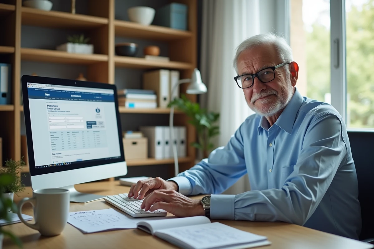 Homme retraité consultant son relevé Agirc-Arrco sur ordinateur à son bureau à domicile