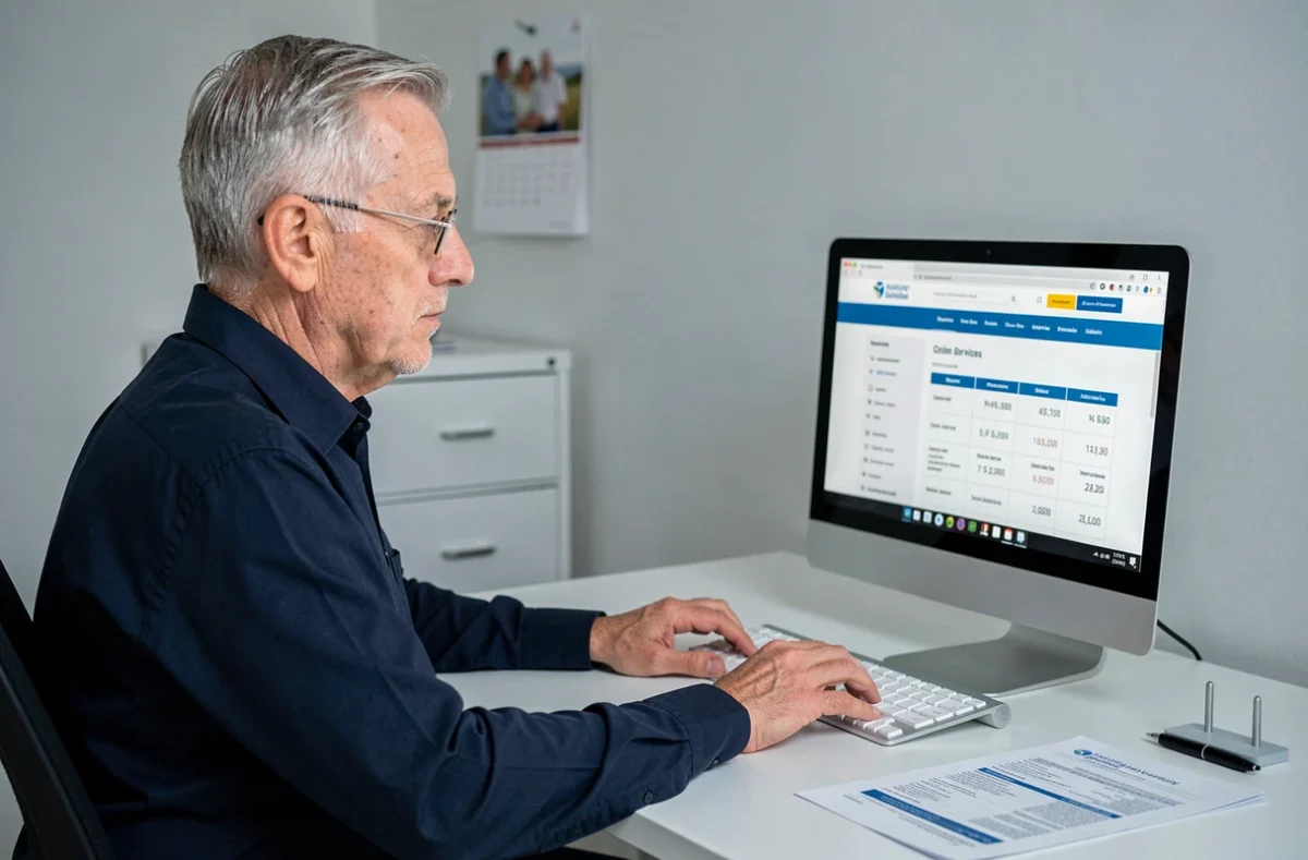 Un homme âgé consulte les tarifs et les aides fiscales pour services seniors sur son ordinateur à domicile