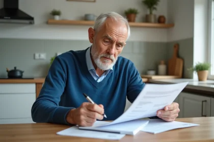 Homme retraité en train de lire des documents dans sa cuisine