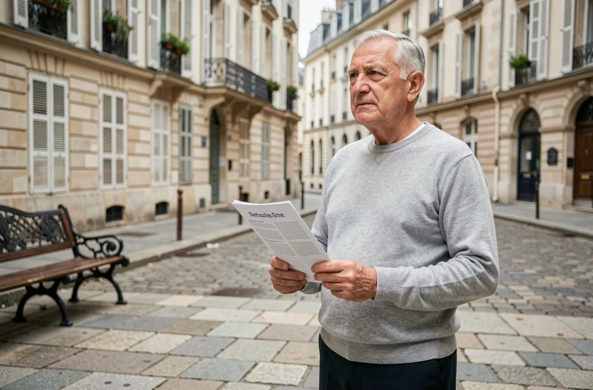 Homme retraité dans une place de ville française tenant un document sur sa retraite