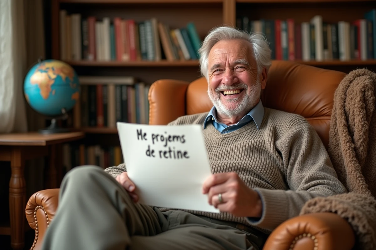 Homme retraité souriant avec sa liste de projets dans un fauteuil en cuir à la maison
