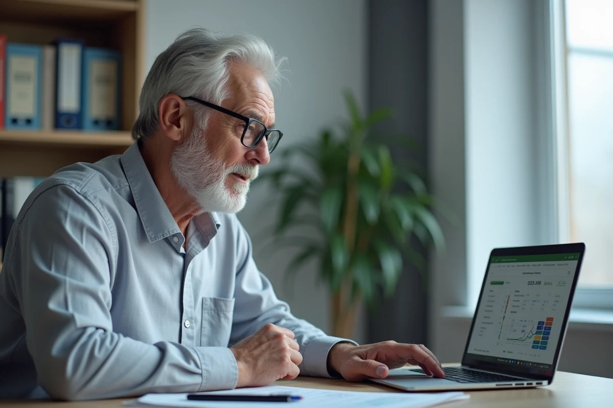 Homme retraité consultant un simulateur de pension en ligne sur ordinateur pour calculer l'impact de la revalorisation des retraites 2026