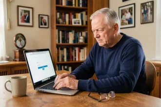 Retraité SNCF accédant à son espace en ligne Agence Famille sur un ordinateur portable à son bureau à domicile