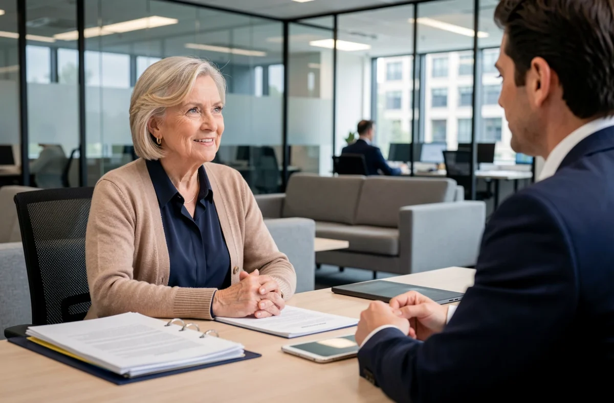 Femme retraitée en rendez-vous avec un conseiller financier pour sa retraite