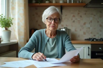 Femme retraitée aux cheveux argentés qui examine ses relevés de pension à la table de cuisine, illustrant la revalorisation des retraites 2026
