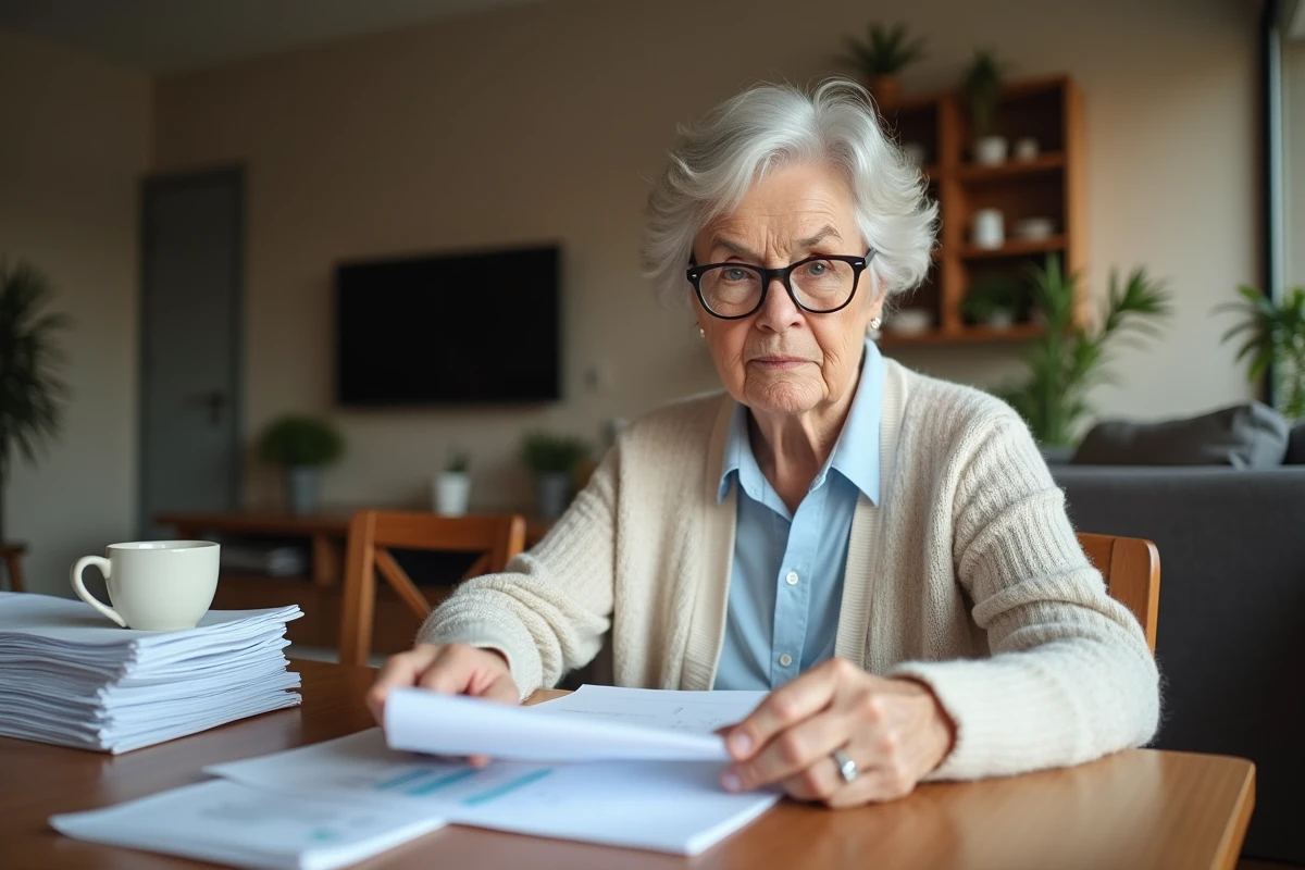 Femme retraitée lisant des documents financiers dans un intérieur moderne