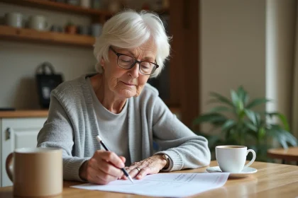 Retraitée consultant son relevé de pension Agirc-Arrco à la table de sa cuisine