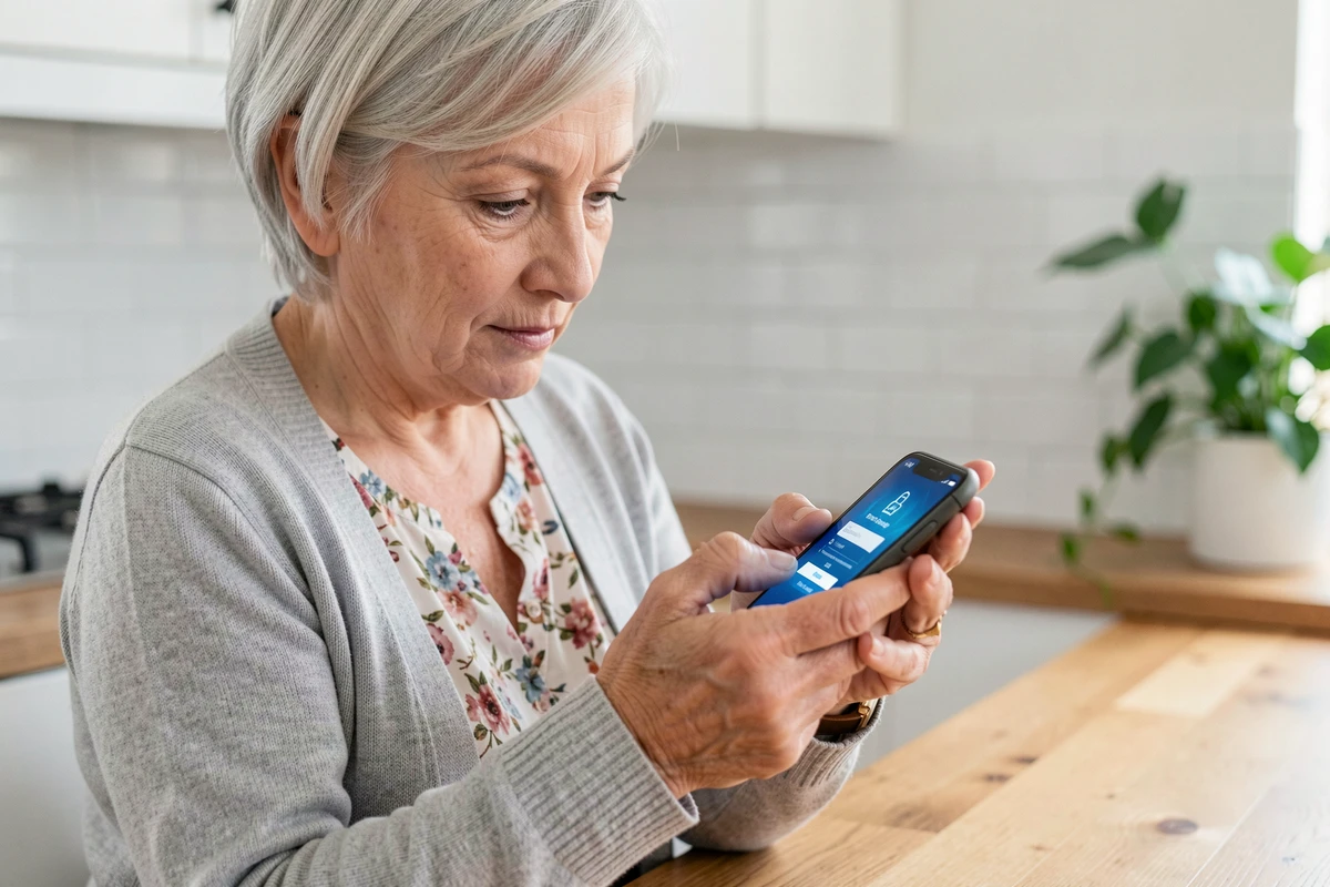 Retraitée SNCF utilisant son smartphone pour se connecter à l'Agence Famille avec ses identifiants