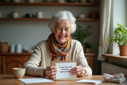 Femme senior souriante créant une carte de retraite
