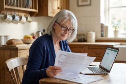 Une femme senior compara des offres pour seniors sur son ordinateur portable à la table de cuisine