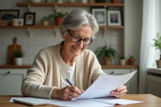 Femme senior souriante examinant ses documents financiers