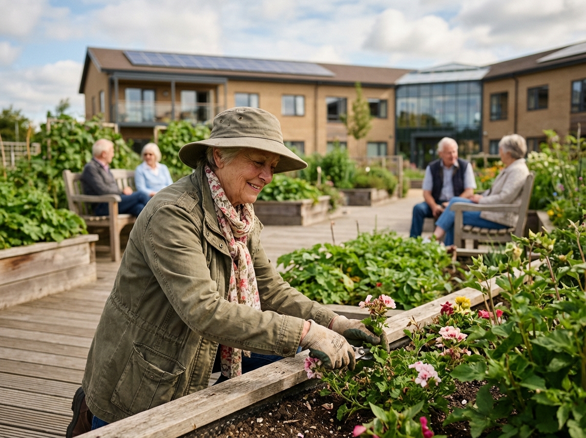 Femme senior en jardinage dans un jardin communautaire