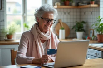 Femme senior souriante réservant un train sur son ordinateur