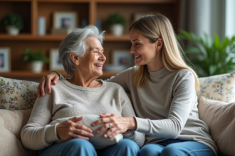 Femme senior assise avec une aidante dans un salon chaleureux