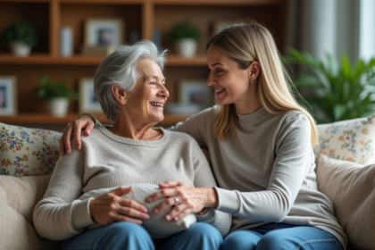 Femme senior assise avec une aidante dans un salon chaleureux