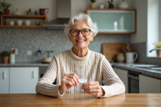 Femme senior souriante tenant un dentier dans une cuisine chaleureuse
