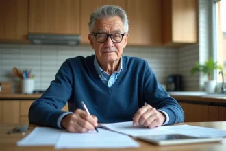 Homme senior en lecture de documents financiers à la maison