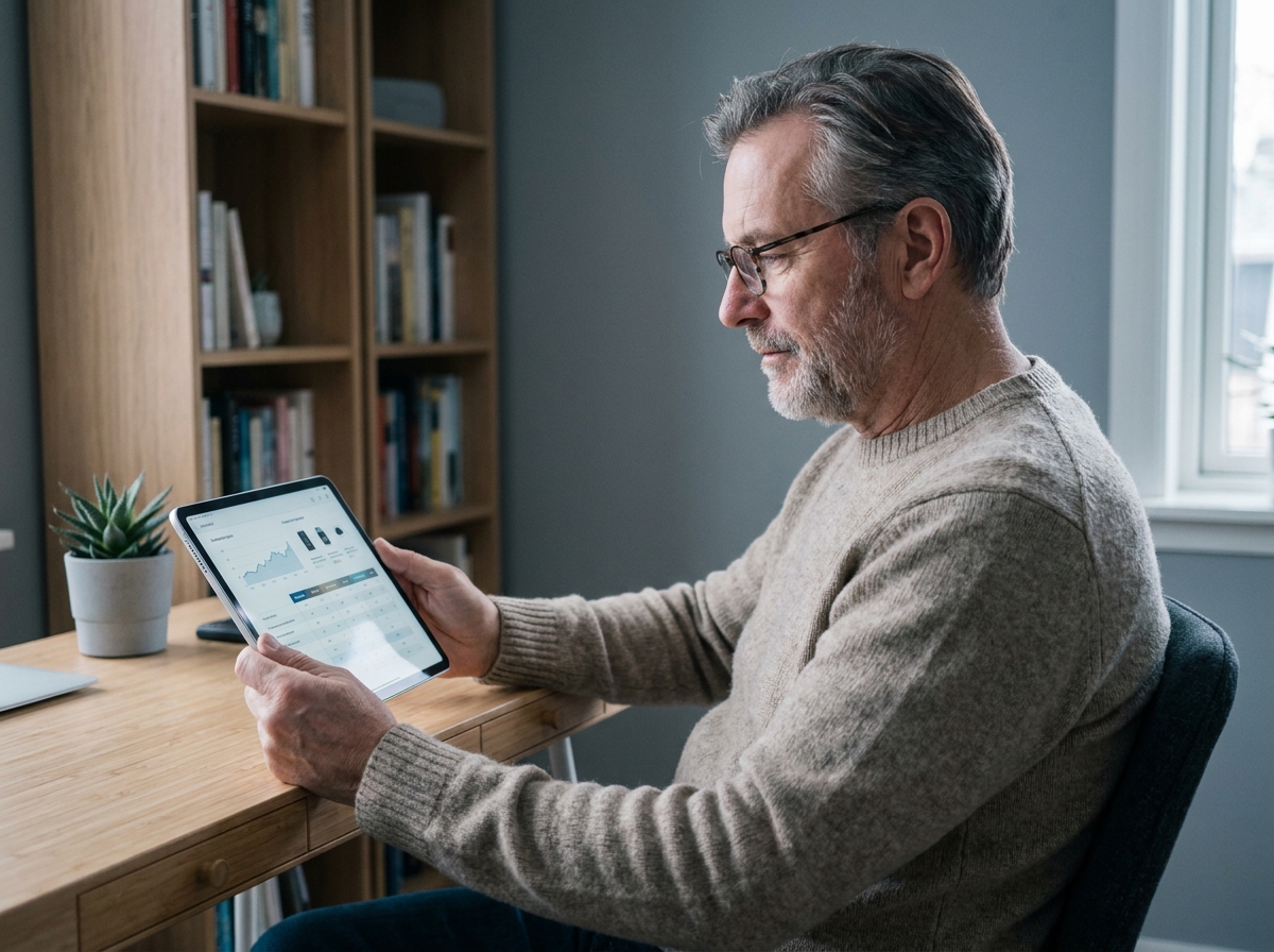 Un homme senior utilisant une tablette pour trier rapidement des offres adaptées aux seniors depuis son bureau à domicile