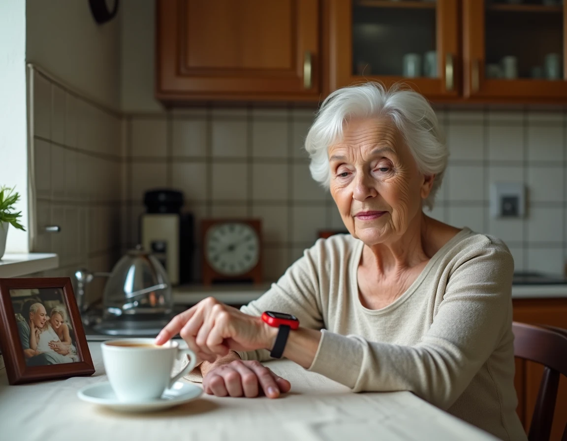 Personne âgée activant une montre SOS chez elle en dehors de la maison de retraite
