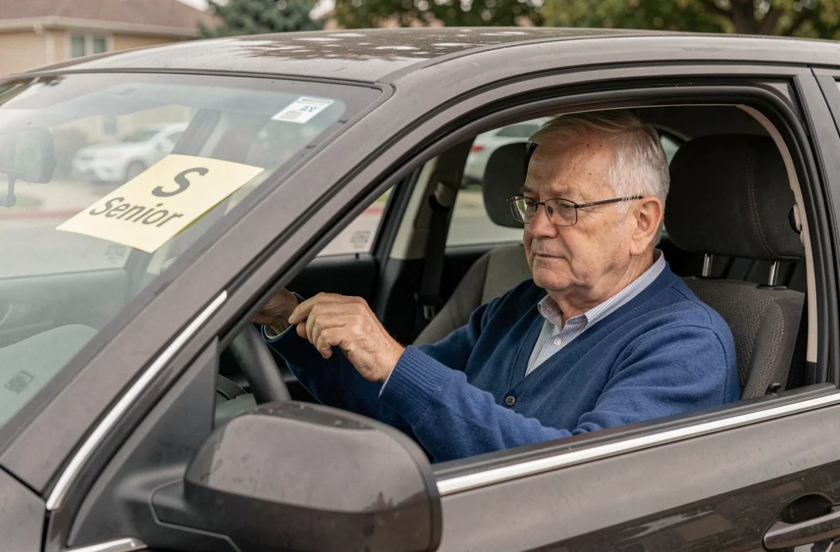 Personne âgée apposant le macaron S Senior sur le pare-brise d'une voiture, signalétique conducteur senior obligatoire