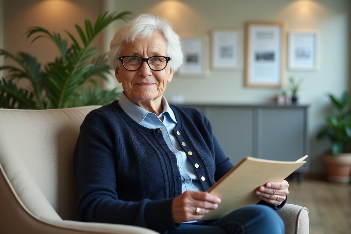 Une femme senior de 75 ans attendant sa visite médicale obligatoire pour le permis de conduire dans une salle d'attente