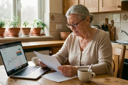 Une femme senior examine les tarifs et documents fiscaux liés aux services d'aide à domicile sur son ordinateur portable