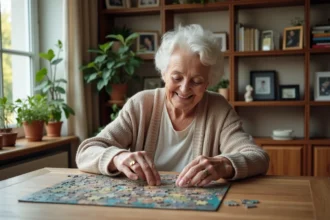 Seniore souriante jouant au puzzle dans un salon lumineux